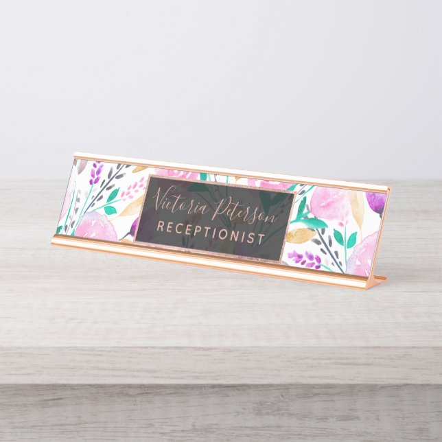 Porte-nom Pour Bureau Motif floral d'aquarelle rose moderne de turquoise (Devant)