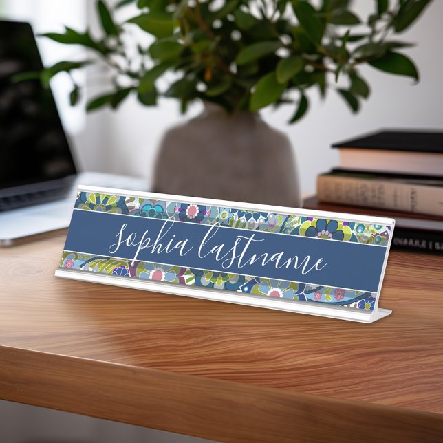 Porte-nom Pour Bureau Motif floral funky avec signature manuscrite (Custom Nameplate - Add Name and Title for Executive Sign or customize in the design area)