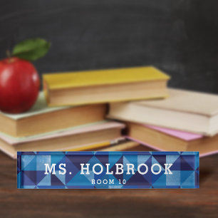 Porte-nom Pour Bureau Motif géométrique bleu moyen Personnalisé Enseigna