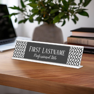 Porte-nom Pour Bureau Motif Ikat noir et blanc avec nom de script