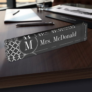 Porte-nom Pour Bureau Motif Quatrefoil noir et blanc Monogramme personna
