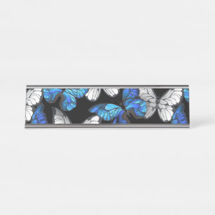 Porte-nom Pour Bureau Motif sans couleur foncée avec papillons bleus Mor