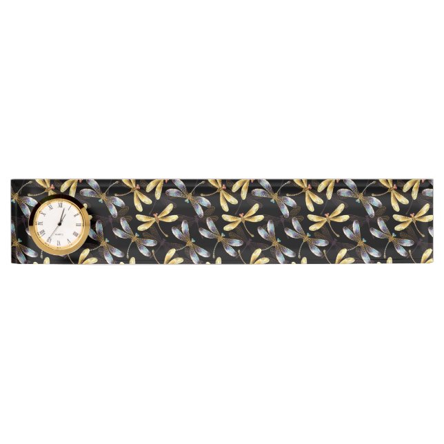 Porte-nom Pour Bureau Motif sans couture avec libellules d'or (Devant)