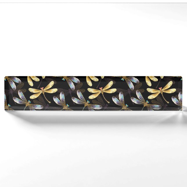 Porte-nom Pour Bureau Motif sans couture avec libellules d'or (Devant)