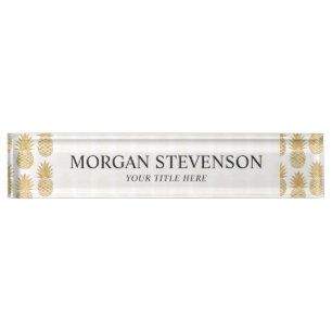 Porte-nom Pour Bureau Motif tropical élégant d'ananas d'or blanc