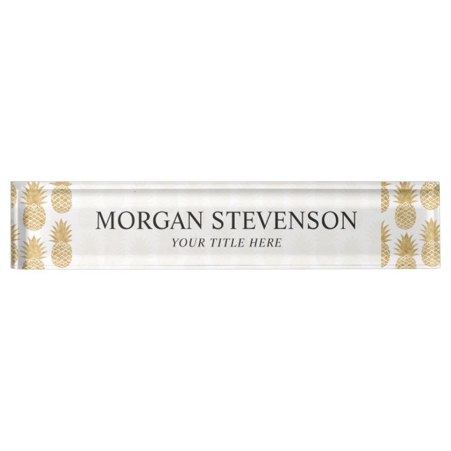 Porte-nom Pour Bureau Motif tropical élégant d'ananas d'or blanc (Devant)