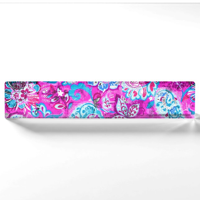 Porte-nom Pour Bureau Motifs de fleurs roses bleues mignons (Devant)