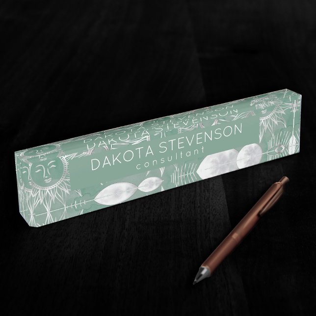 Porte-nom Pour Bureau Mystique solaire | Dusty Green Silver Moon Stars S (Créateur téléchargé)