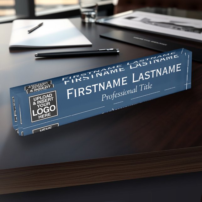 Porte-nom Pour Bureau Navy Blue - Logo, Nom et Titre Professionnel (Custom Acrylic Desk Name Plate - with logo, name and professional title)
