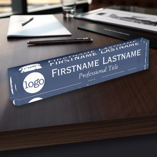 Porte-nom Pour Bureau Navy et White - Logo, Nom, Titre professionnel