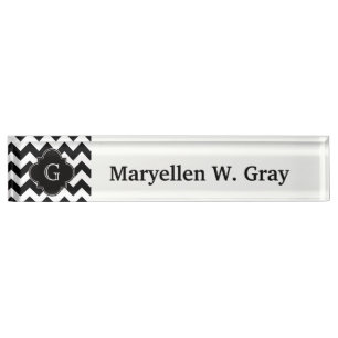 Porte-nom Pour Bureau Noir blanc Chevron noir Quatrefoil Monogramme
