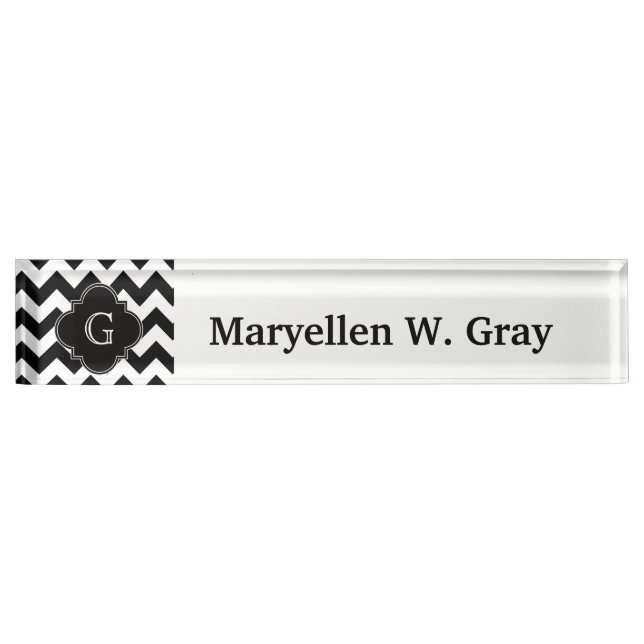 Porte-nom Pour Bureau Noir blanc Chevron noir Quatrefoil Monogramme (Devant)