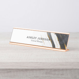Porte-nom Pour Bureau Noir Blanc Faux Or Marbre Foil Personnalisé