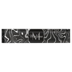 Porte-nom Pour Bureau Noir blanc gris damas tourbillons abstraits Monogr