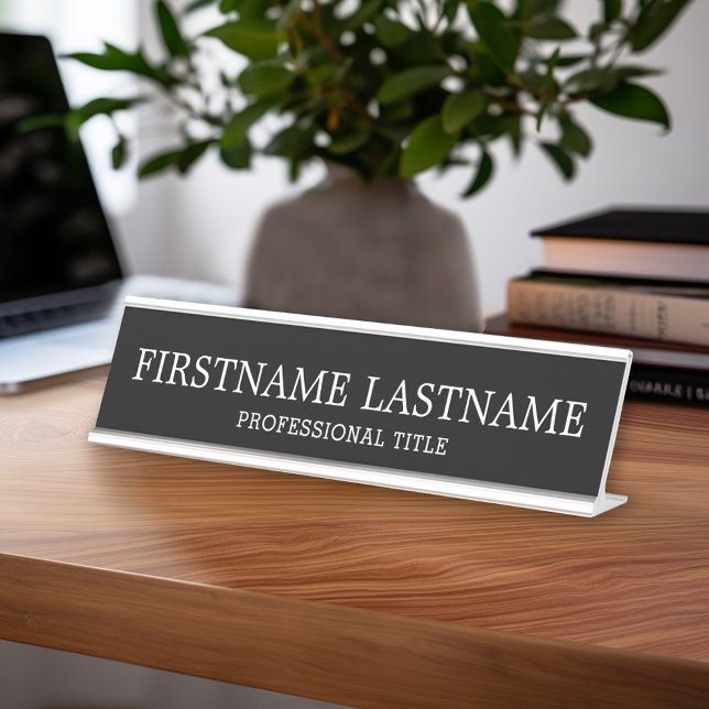 Porte-nom Pour Bureau Noir de base Blanc traditionnel Nom et titre (Custom Name Plate - Executive Desk Sign with Name and title or other text)