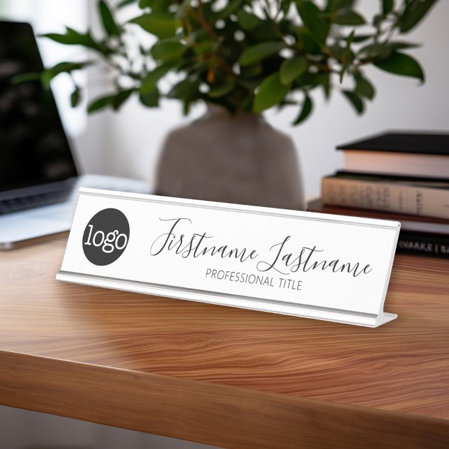 Porte-nom Pour Bureau Noir et blanc - Logo, Nom, Titre Script (Custom Name Plate - Executive Desk Sign with Name and title or other text)