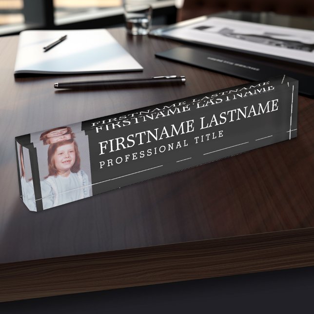Porte-nom Pour Bureau Noir et blanc Nom, titre professionnel et photo (Personalized Name Plate - Executive and Professional Designs)