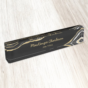 Porte-nom Pour Bureau Noir Marbre Agate Gold Parties scintillant Profess