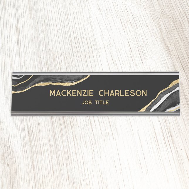 Porte-nom Pour Bureau Noir Marbre Agate Gold Parties scintillant Profess (Black and gold agate marble watercolor personalized custom text professional name plate)