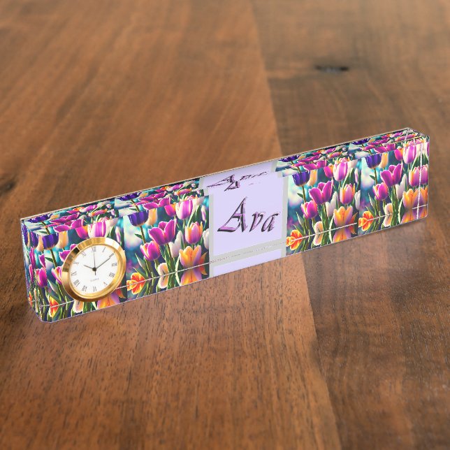 Porte-nom Pour Bureau Nom Ava Violet Avec Tulipes, (Taille)