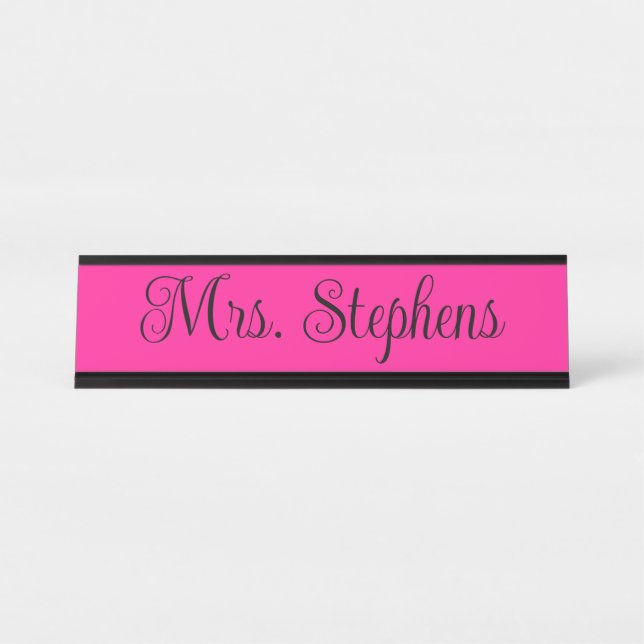 Porte-nom Pour Bureau Nom de calligraphie bouclée rose chaud et noir (Devant)