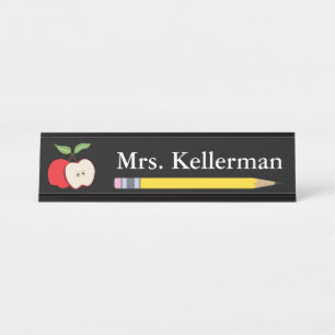 Porte-nom Pour Bureau Nom de l'enseignant de pomme et crayon noir