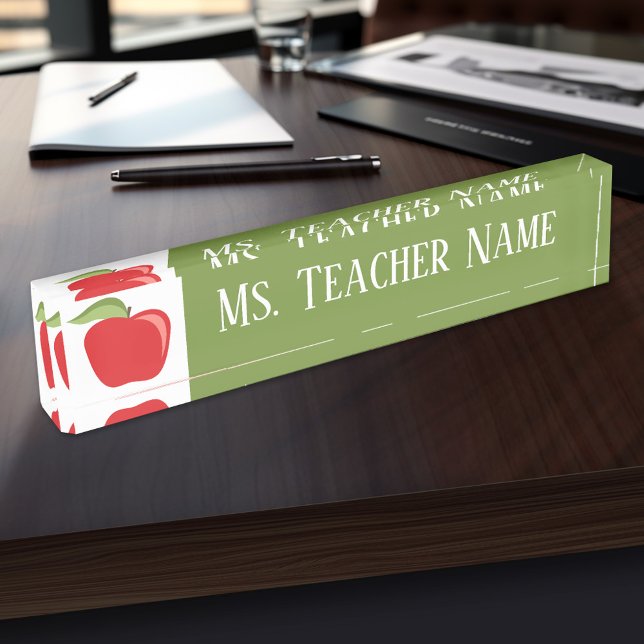Porte-nom Pour Bureau Nom de l'enseignant personnalisé avec Apple modern (Personalized Teacher Name Plate)