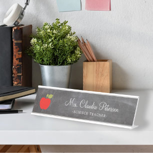 Porte-nom Pour Bureau Nom de l'enseignant Red Apple White Script sur tab