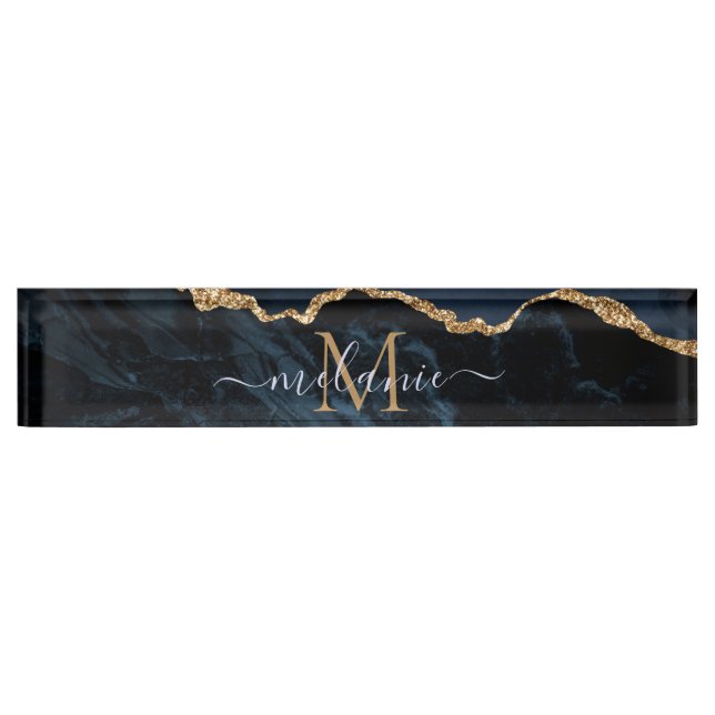 Porte-nom Pour Bureau Nom du monogramme Agate Marine Bleu Gold Gemstone  (Devant)