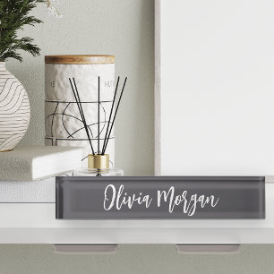 Porte-nom Pour Bureau Nom du script cursif en croquis gris et blanc