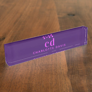 Porte-nom Pour Bureau Nom initial du monogramme rose pourpre