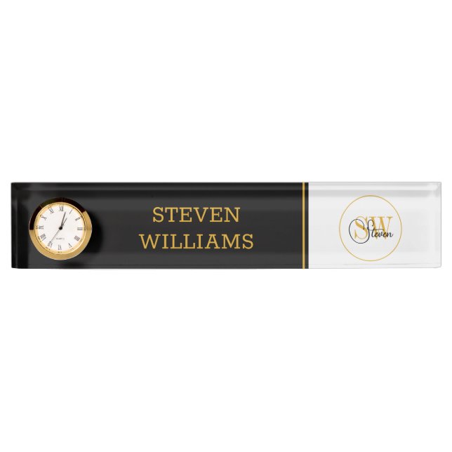 Porte-nom Pour Bureau Nom monogramme et signature moderne (Devant)