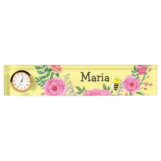 Porte-nom Pour Bureau Nom Plate Bumblebee jaune Pink Floral (Devant)