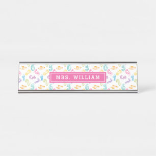 Porte-nom Pour Bureau Noms de professeur rose pastel en chiffres mignons