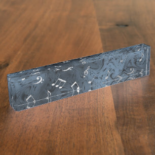 Porte-nom Pour Bureau notes de musique argentées élégantes en bleu