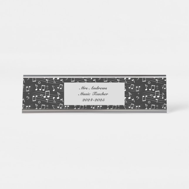 Porte-nom Pour Bureau Notes de musique blanches sur fond noir  (Devant)