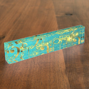 Porte-nom Pour Bureau notes de musique dorée en menthe
