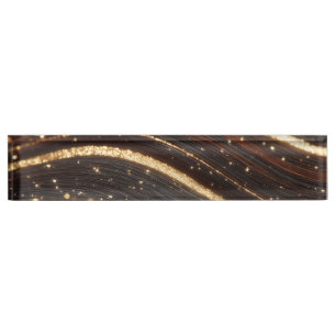 Porte-nom Pour Bureau Noyer foncé Grain en bois avec des rivières en or