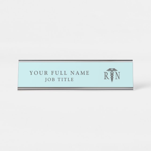 Porte-nom Pour Bureau Nurse RN Turquoise Bleu Médicale Caduceus (Devant)