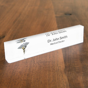 Porte-nom Pour Bureau Or argenté Médicale de noir de caducée - plaque