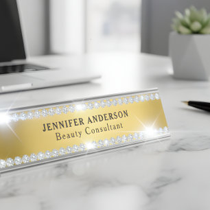 Porte-nom Pour Bureau Or Et Diamant De Parties scintillant De Luxe