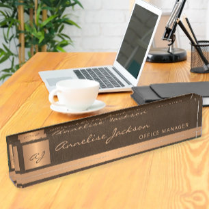 Porte-nom Pour Bureau Or monogrammed luxe élégant cuir marron