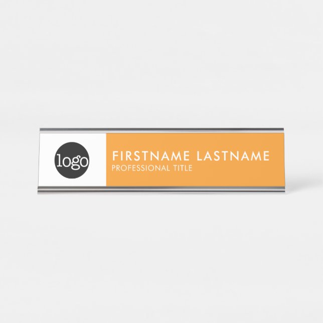 Porte-nom Pour Bureau Orange moderne et blanc - Ajouter Logo, Nom, Titre (Devant)