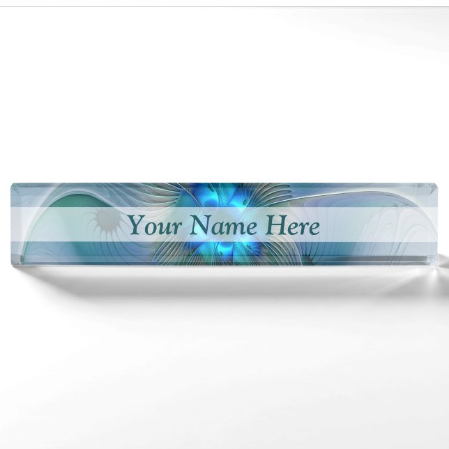Porte-nom Pour Bureau Ovations debout, fractale abstraite bleu turquoise (Devant)