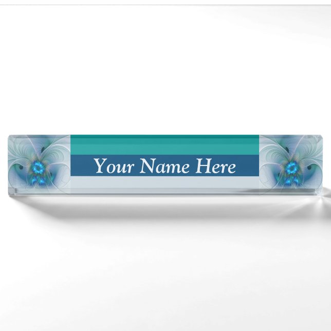 Porte-nom Pour Bureau Ovations debout, fractale bleue turquoise abstrait (Devant)