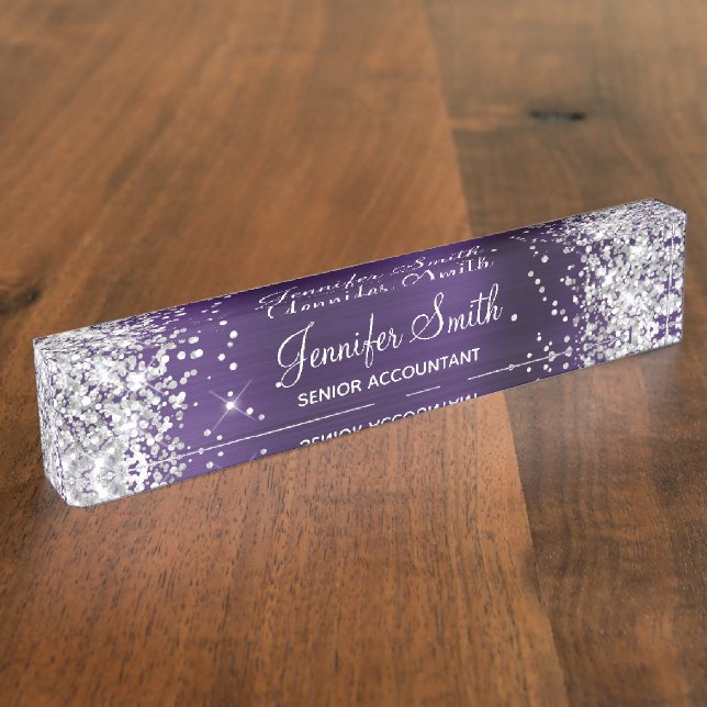 Porte-nom Pour Bureau Pailleté Argenté Violet Foncé Féminin (Taille)