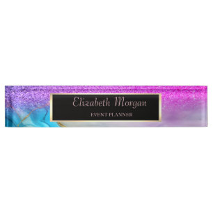 Porte-nom Pour Bureau Pailleté Bokeh élégant et stylé, Marbre Violet, Ca