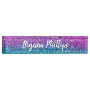 Porte-nom Pour Bureau Pailleté Rose Turquoise Aqua Bleu Et Violet
