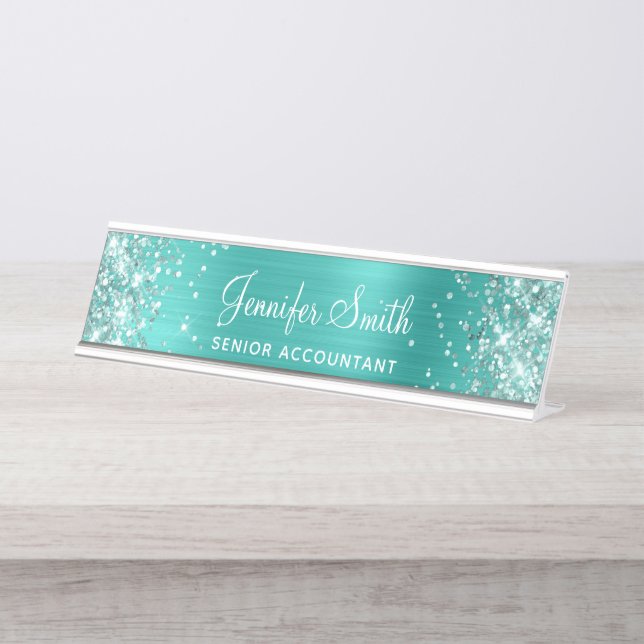 Porte-nom Pour Bureau Pailleté Turquoise Clair Feuille (Devant)