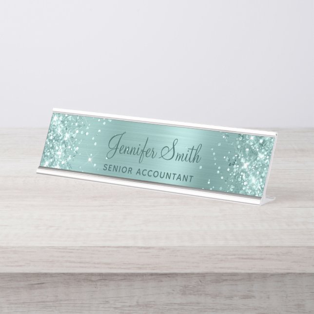 Porte-nom Pour Bureau Pailleté Turquoise Pâle Feuille (Devant)
